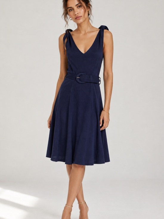 Zimmermann Dresses & Skirts - Zimmermann Navy Tie-Shoulder V-Neck Belted Midi Dress